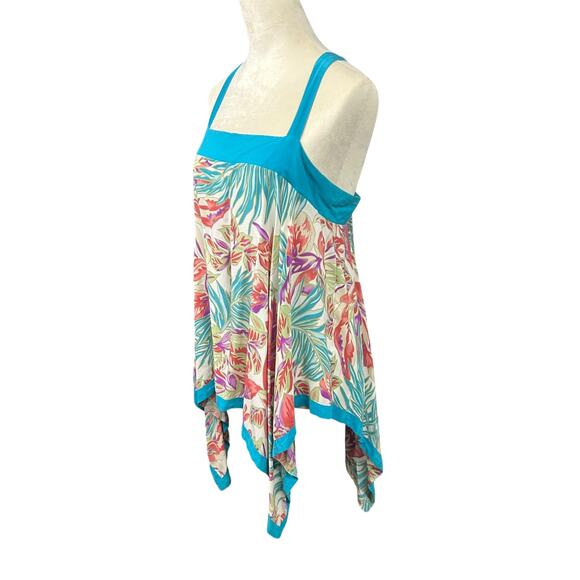 Boho Resort Silk Tank Top Hilo Hattie Tropical Floral Handkerchief Hem XL - Picture 2 of 9